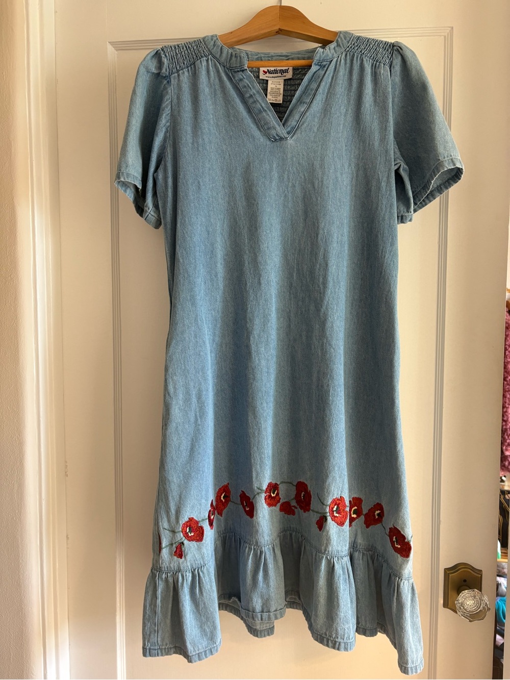 Vintage National woman’s Light Blue Denim Dress with embroidered poppies
